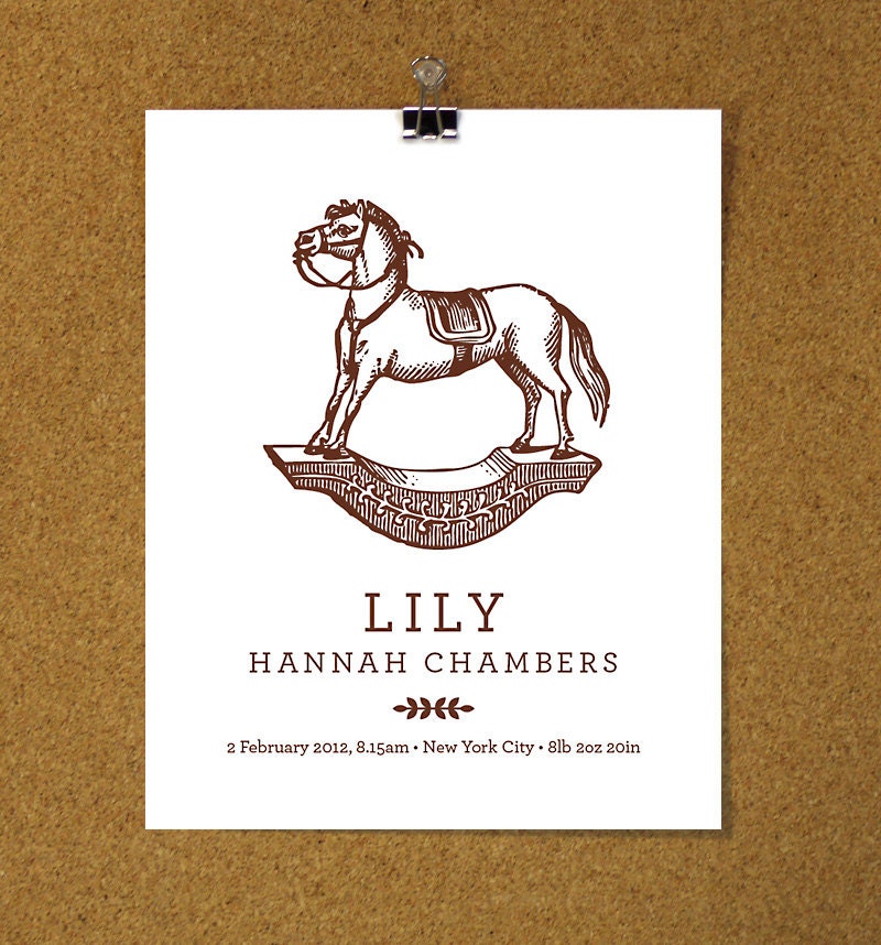 Vintage Rocking Horse - Personalised Art Print for New Baby or Young Child - Small Size