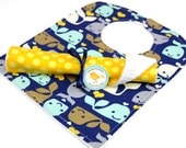 Bib and Burp Cloth Set- in Blue Yellow Whales