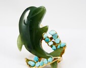 Vintage Swoboda Jade Dolphin Brooch with Turquoise accents