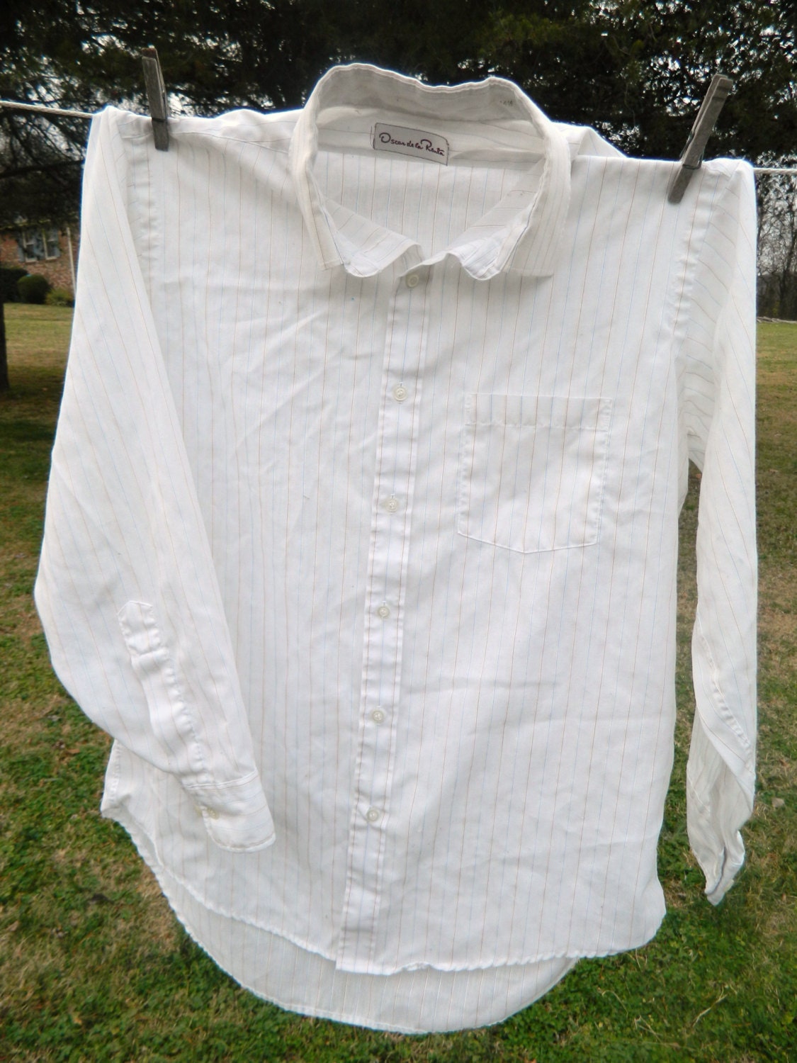 Vintage 70s Oscar de la Renta mens rainbow pinstripe button down 16 1/2 32-33