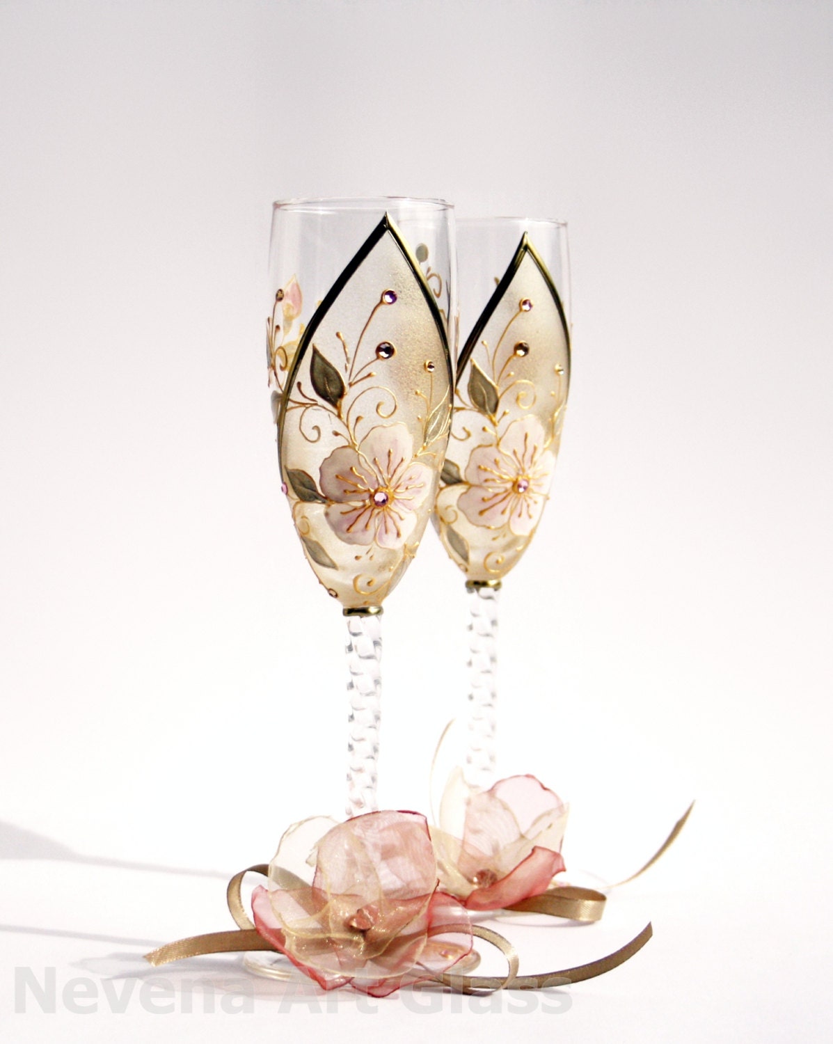 Wedding Toasting Glasses Bridal Flutes Hand Painted Floral Patterng Gold Pale Pink White Set of 2