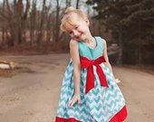Aqua and Red Chevron Big Bow Toddler Girls Sleeveless Dress