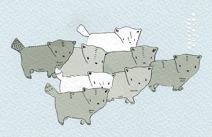Snow Cats - original painting in gouache by Elizabeth Pawle