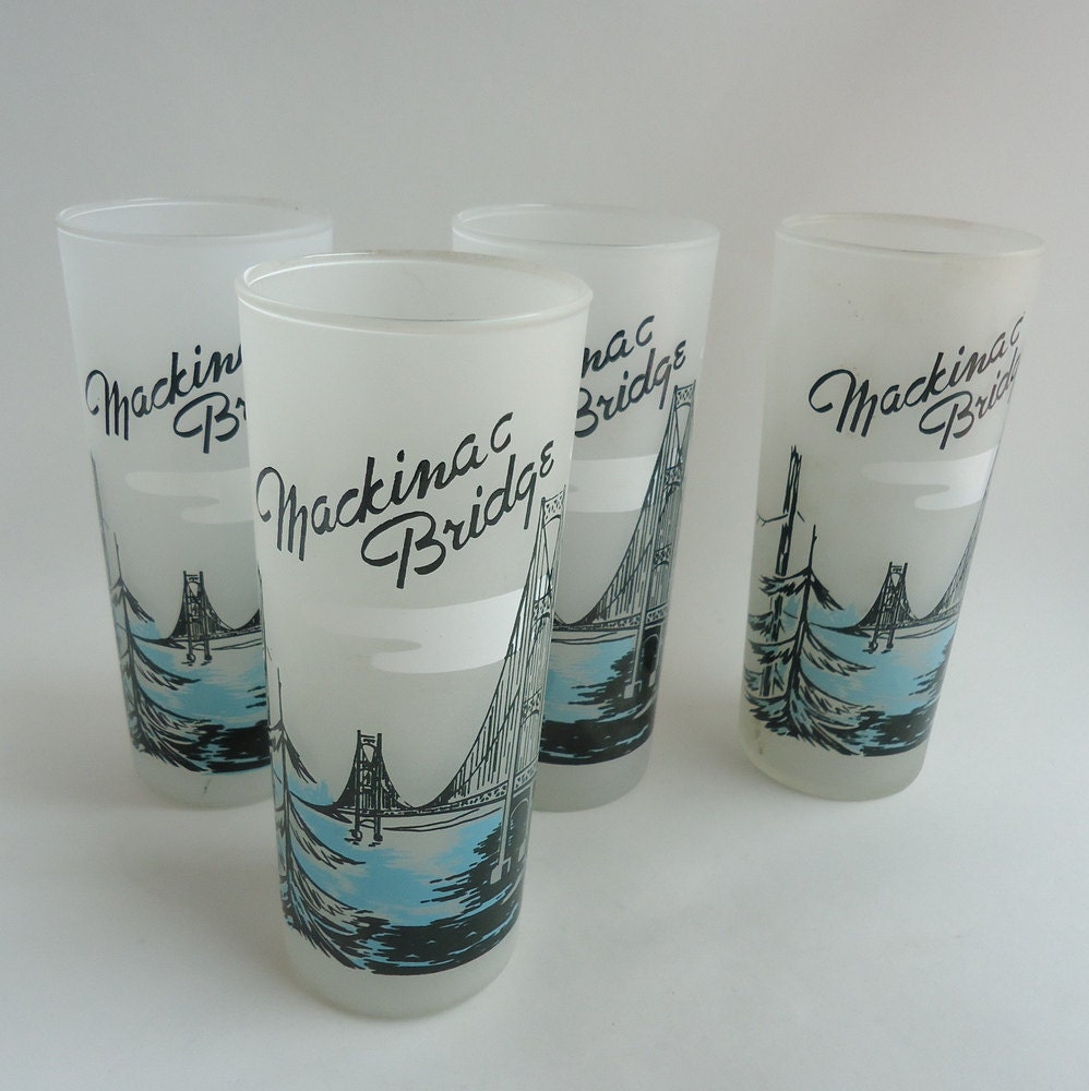 4 Mackinac Bridge Tall Frosted Glass Tumblers, 1960s