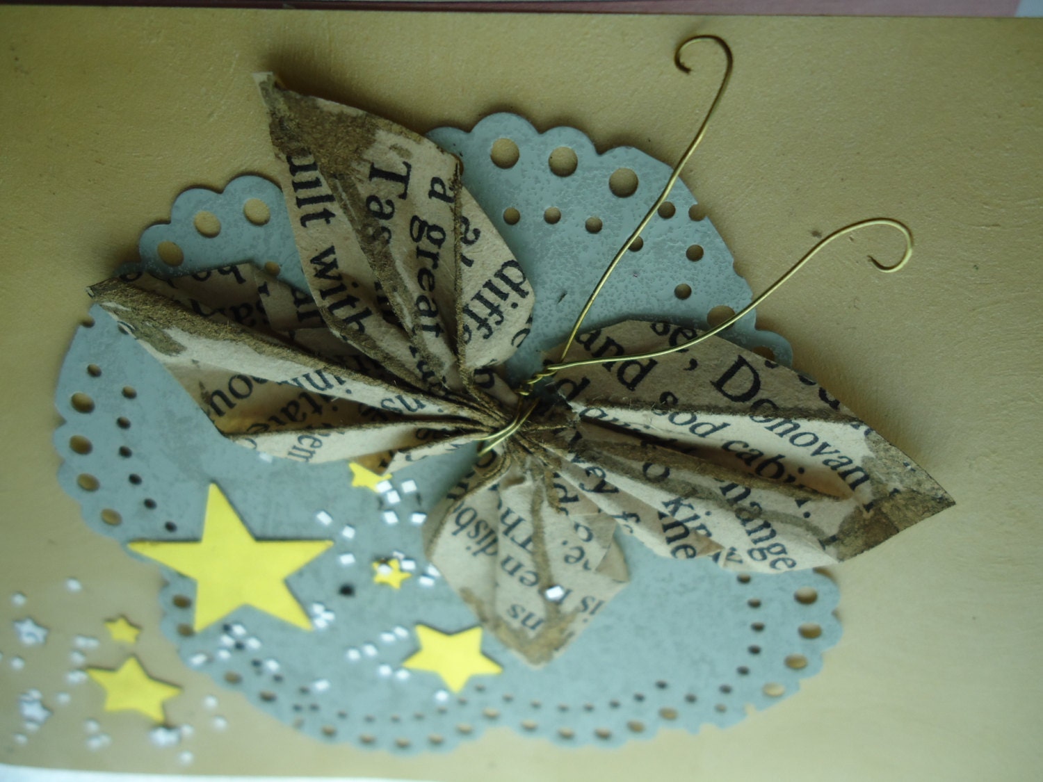 Take Flight - 3d Textured Art Card Butterfly Stars Gold Aqua Ivory Pearl Silver Any Occasion OOAK Upcycled