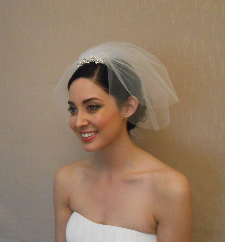 Two tier tulle birdcage veil with rhinestone piece embellished with Swarovaki pearls on comb - Ready to ship in 1 week