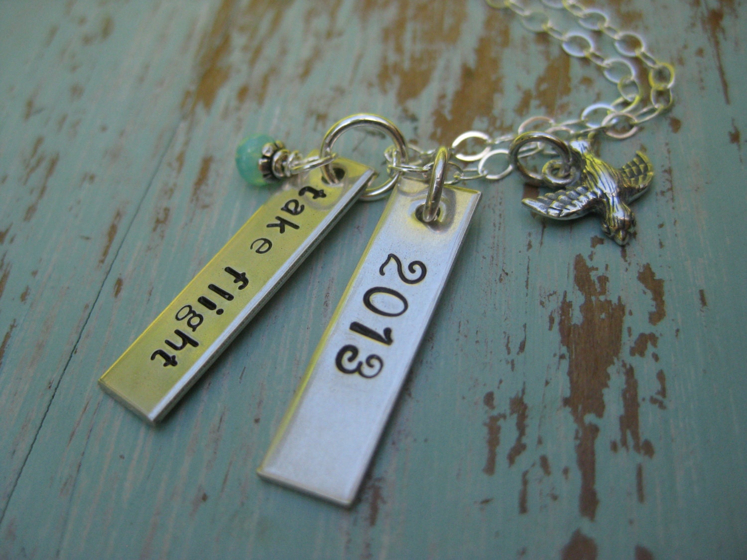 2013 Take Flight Necklace - Sterling Silver - Bird - Turquoise Czech Glass - Graduation Gift - TakeFlightBoutique on Etsy