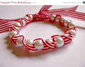 SALE Red Candy striped Pearls and ribbon Bracelet Bridesmaid Jewelry Bridesmaid gifts