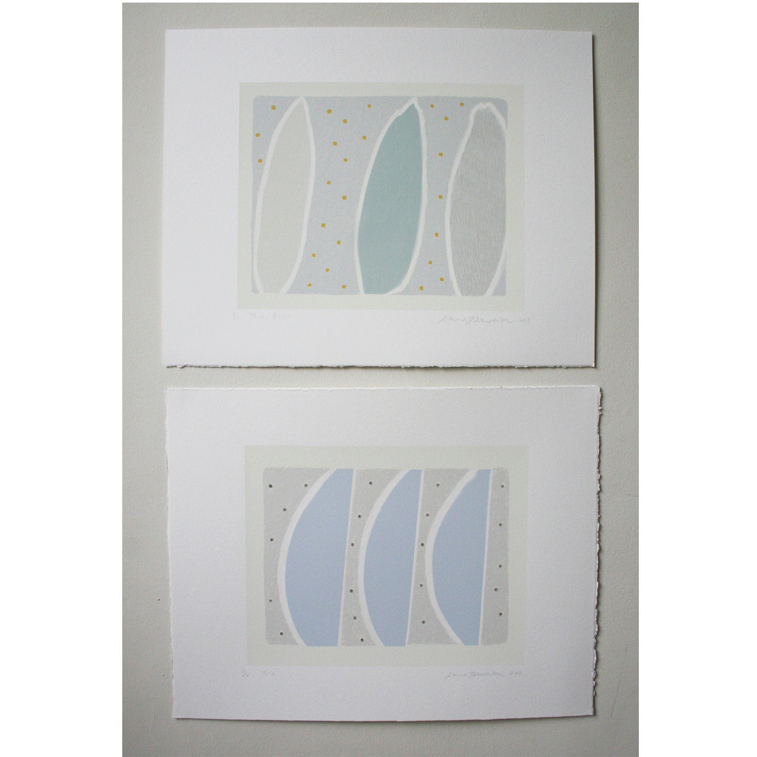 Set of two small blue and grey original nature inspired screenprints, modern abstract art by Emma Lawrenson