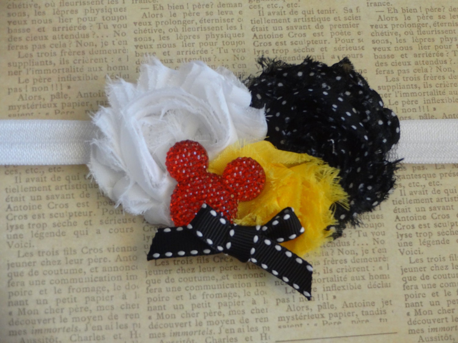 Mickey/Minnie Mouse Headband with Rosettes, Ribbon, and Rhinestone