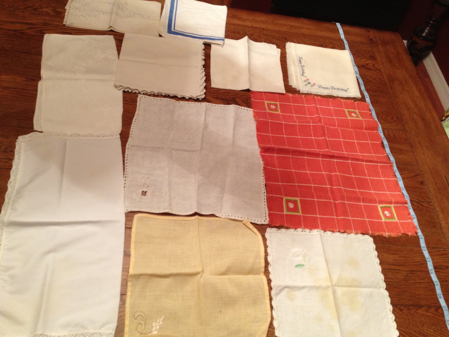 Vintage set of 11 Linen and Cloth Napkins Embroidered, White, Red, Yellow, Flowers and More