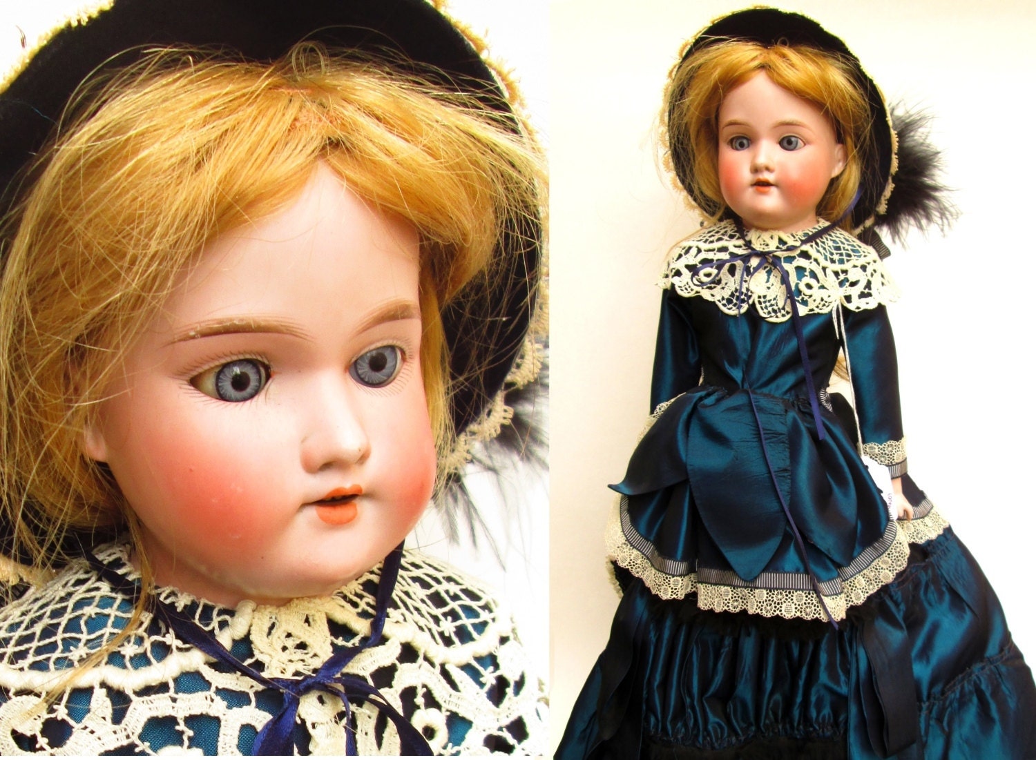 ON RESERVE - Antique German Bisque AM Floradora Doll - 18" Armand Marseille Beautiful Dress Human Hair Wig Kid Leather Body Large