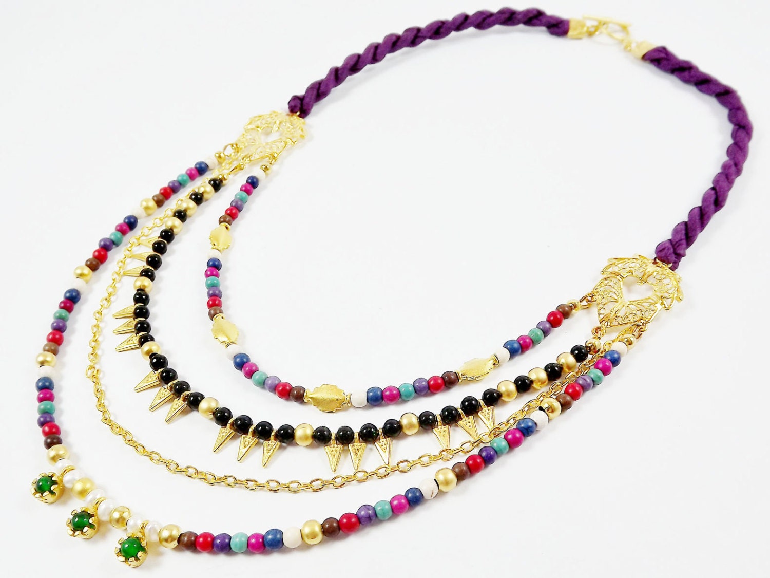 Multi Strand Layered Necklace - Mixed Howlite Beads & Purple silk Twisted Cord - Gold Fashion