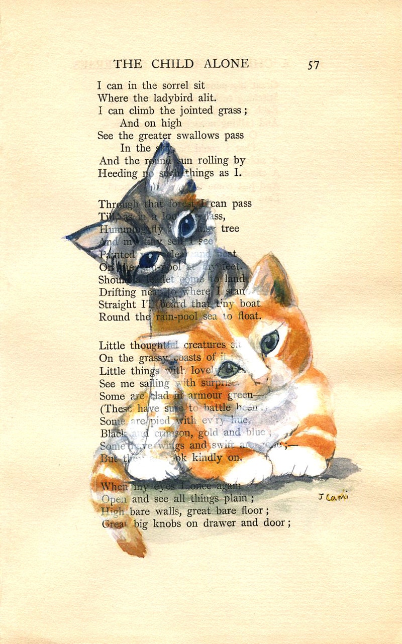 Kittens - Original Watercolor Painting - on Antique Book page 8 1/2 x 5 1/2 inch