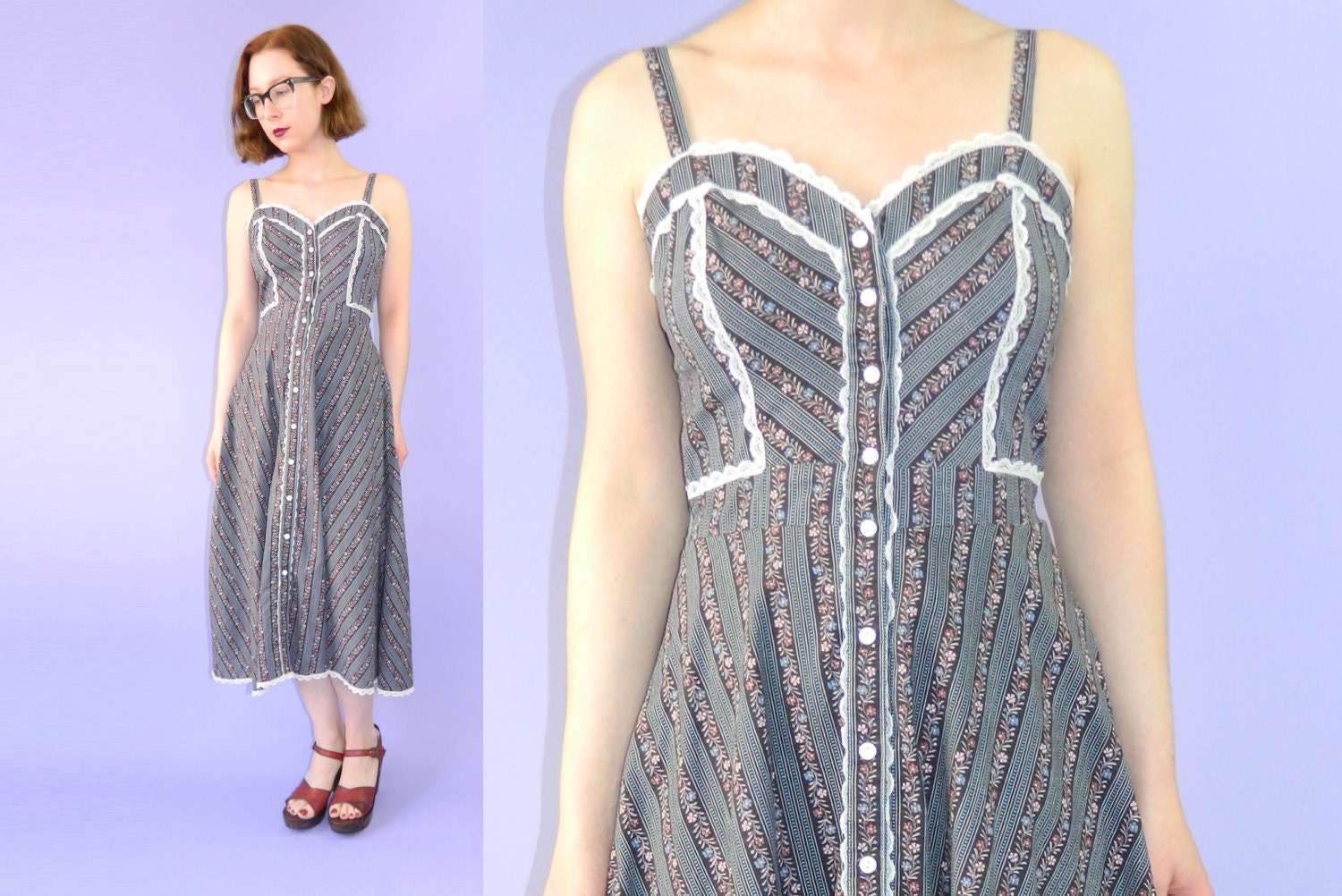 Vintage 1970s Gunne Sax Dress Black Floral Lace Small