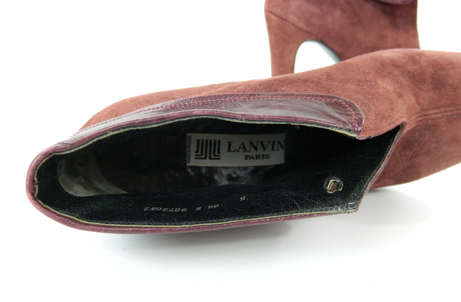 1970s Lanvin Designer Vintage Ankle Boots Mulberry Suede Leather Size 6.5