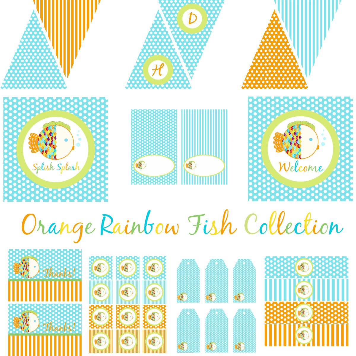 Goldfish Decorations for Birthday Party or Baby Shower - Boys Aqua Orange Rainbow Fish DIY Printable Decor by BeeAndDaisy - Instant Download Il_170x135