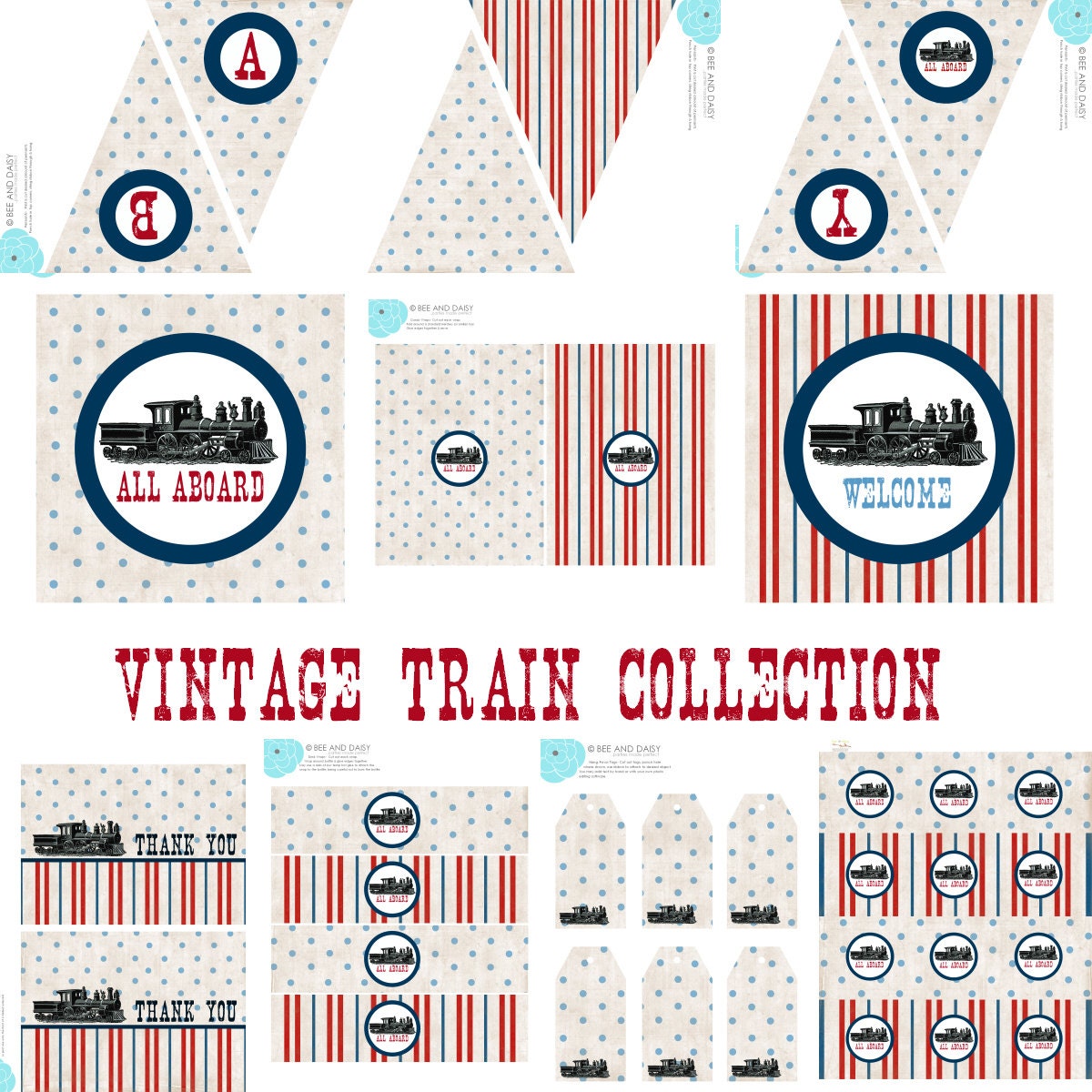 Vintage Train Decorations for Birthday Party or Baby Shower - Boys DIY Printable Decor by BeeAndDaisy - Instant Download Il_170x135