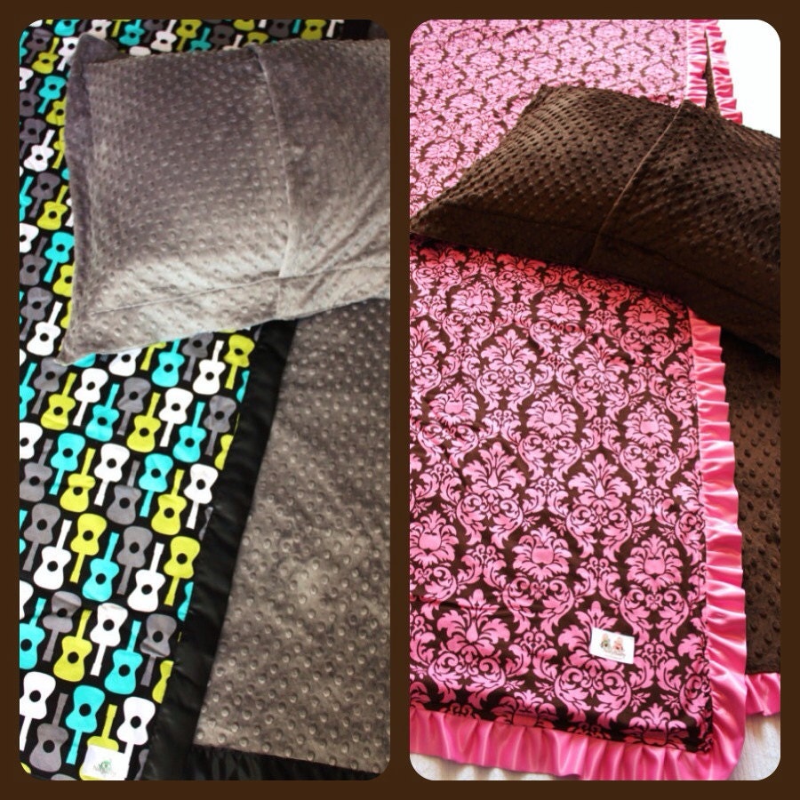 Adult Blanket 60x72 & Standard Pillow Sham 20x26 -- Minky Prints with Minky and Satin Trim -- CUSTOM MADE