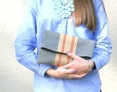foldover clutch purse in stripes with jute webbing / blue and cream / bridesmaid / nautical / rustic / spring