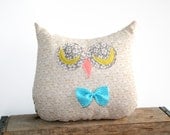 owl throw pillow / recycled / nursery / mothers day / tan white gray yellow aqua peach / bow tie / children / home decor