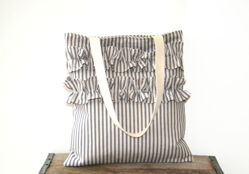 ruffled tote bag / market bag / shabby chic / nautical / farmhouse country / blue cream ticking / spring summer fashion