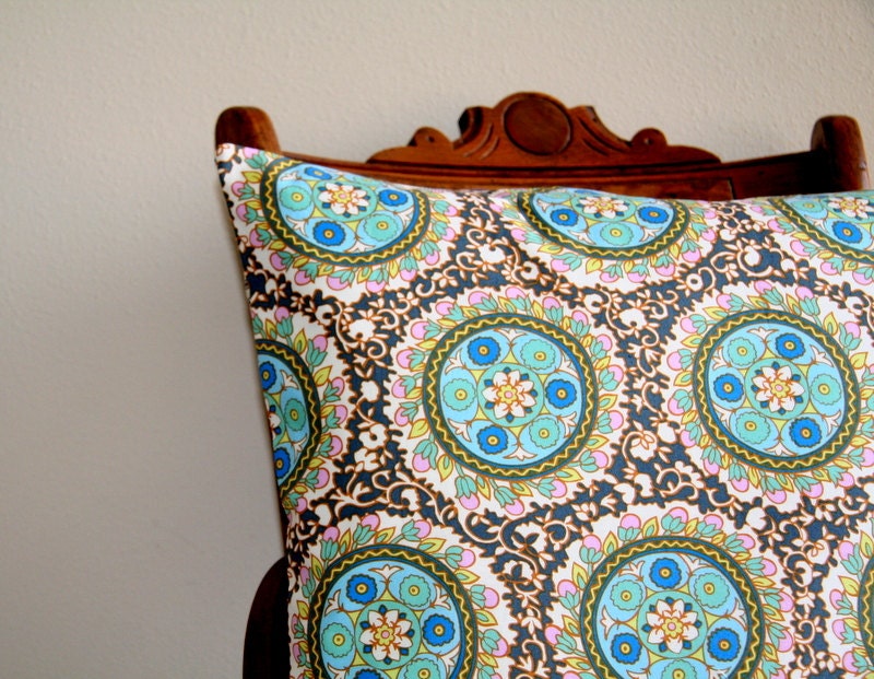 decorative throw pillow cover in teal and charcoal / 18" x 18"  / reversible / floral / nautical / cottage chic  / jute webbing