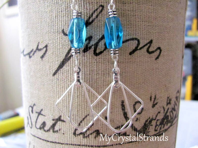 Earrings - Diamond Shaped Hoops w/ Turquoise Faceted Glass Tube Bead Earrings