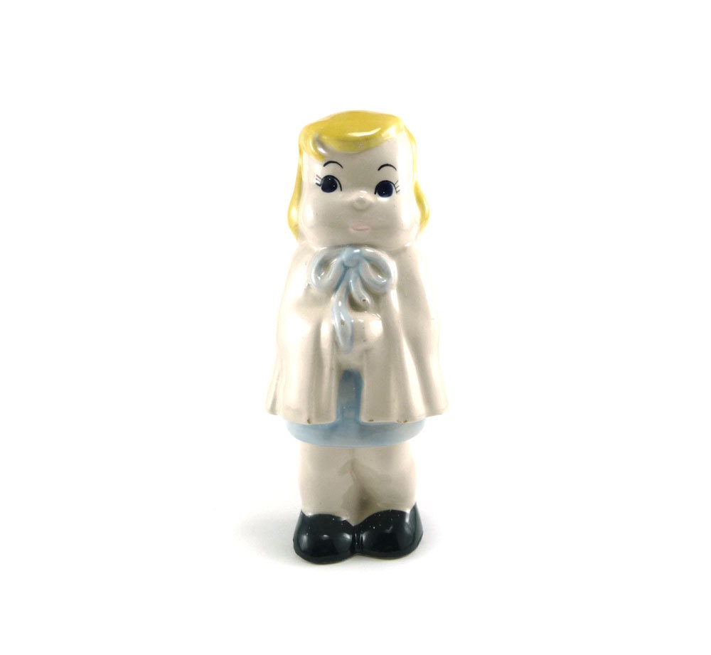 Vintage girl figurine - pudgy cheeked blonde girl in cape, ceramic