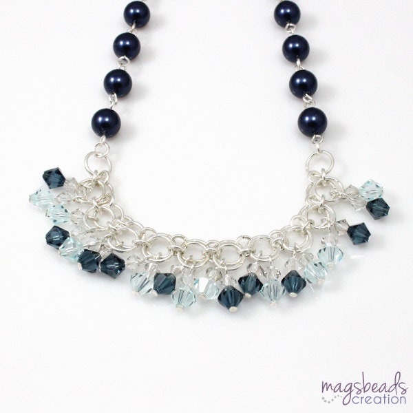Blue Swarovski Crystals Necklace, Chainmaille Necklace, Crystals and Pearls, Party Formal Jewellery, Glam Elegant Jewelry, Blue Dark Indigo