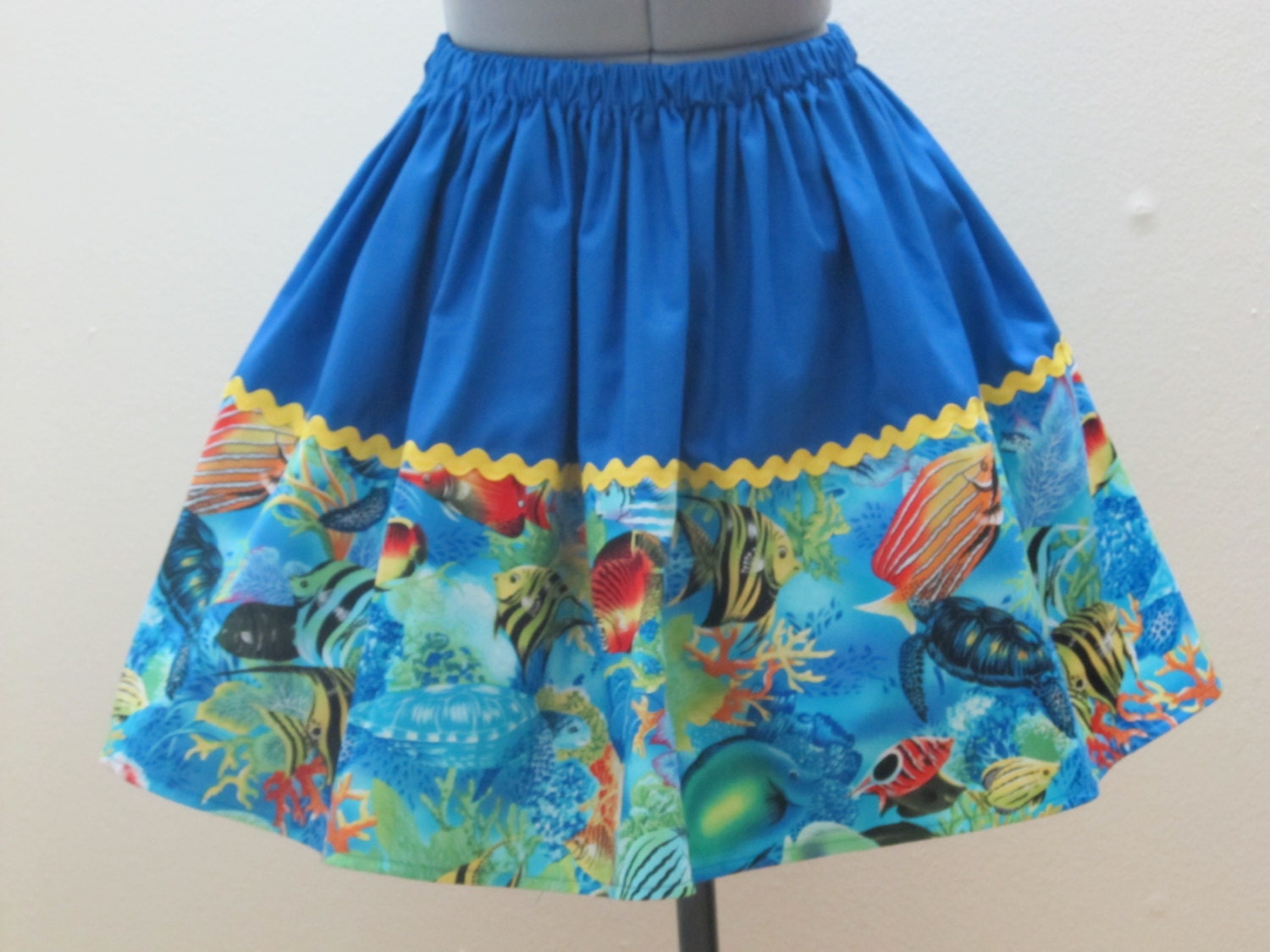 Limited Edition - Fishy under the sea and Turtles Skirt - with a trim of ric rac - Ready to ship