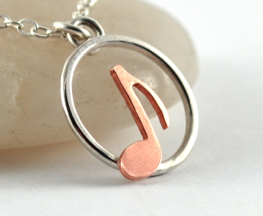 Music Note Pendant Necklace in Silver and Copper, Mixed Metal Jewelry, Metalwork
