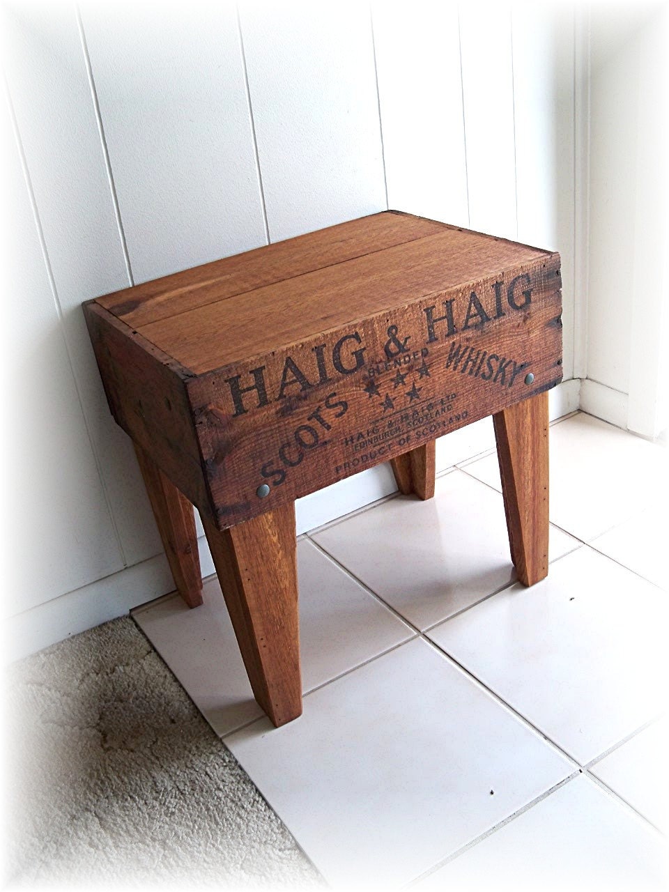 Haig and Haig Whiskey  Shipping Crate Table  Old Wooden Storage Box Upcycled and Renewed Side Table