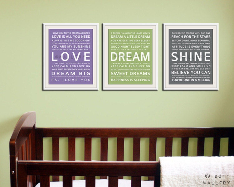 Children art print. Baby nursery art print. Typography art for kids. Nursery wall quotes. Set of 3 - 8x10 Cliche print, LOVE, DREAM, SHINE