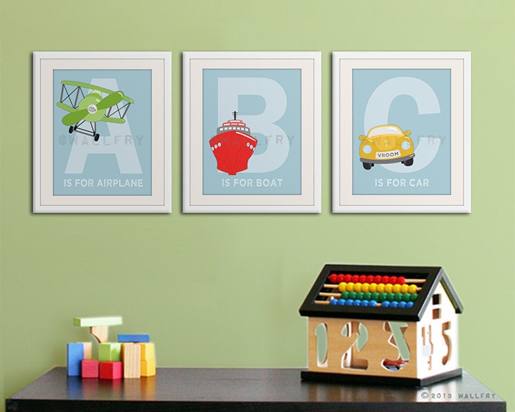 Alphabet transportation art. Nursery prints for boys. Playroom art cars, planes alphabet. Set of 3 - 8x10 prints by WallFry