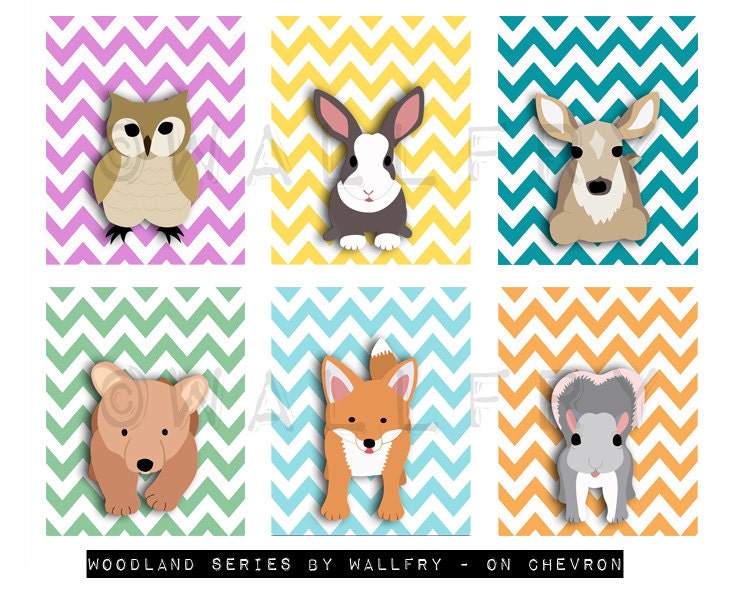 Owl nursery art for children. Chevron zigzag print. 11x14 Woodland forest animals, friends & critters  pictures for baby art for kids