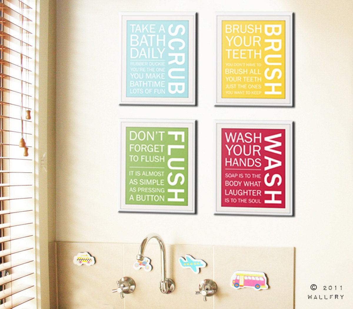 Bathroom art prints. Bathroom Rules. Kids bathroom wall quotes. Wash Brush Floss Flush. Typography. Set of 4 8x10 prints by WallFry