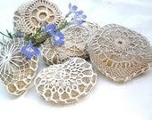 5 Nature decorated  river pebble stones, covered with vintage crocheta fabric lace motif, hand made.