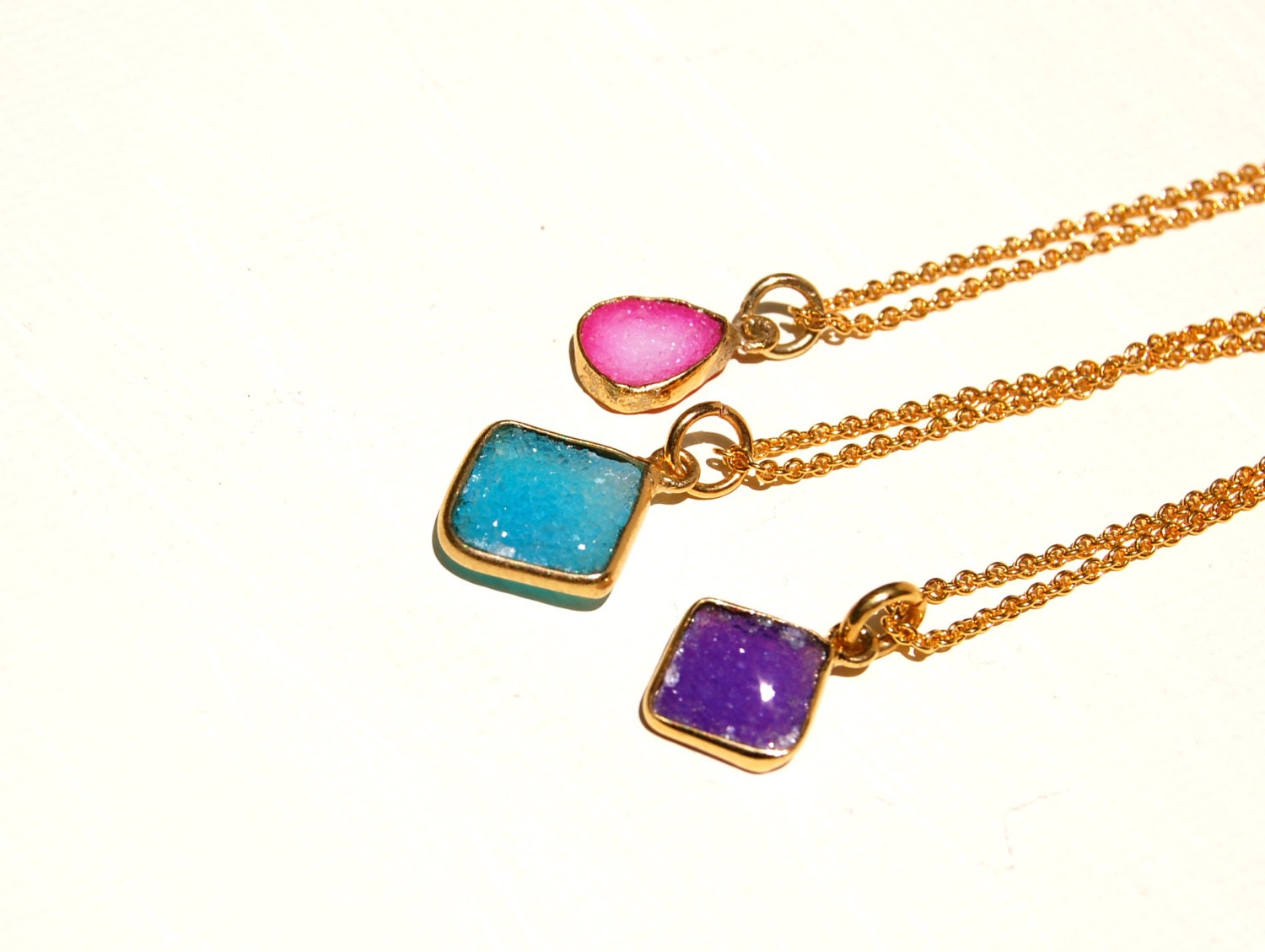 14K Gold Aqua Druzy Necklace Delicate Druzy Pendant Purple Druzy Necklace
