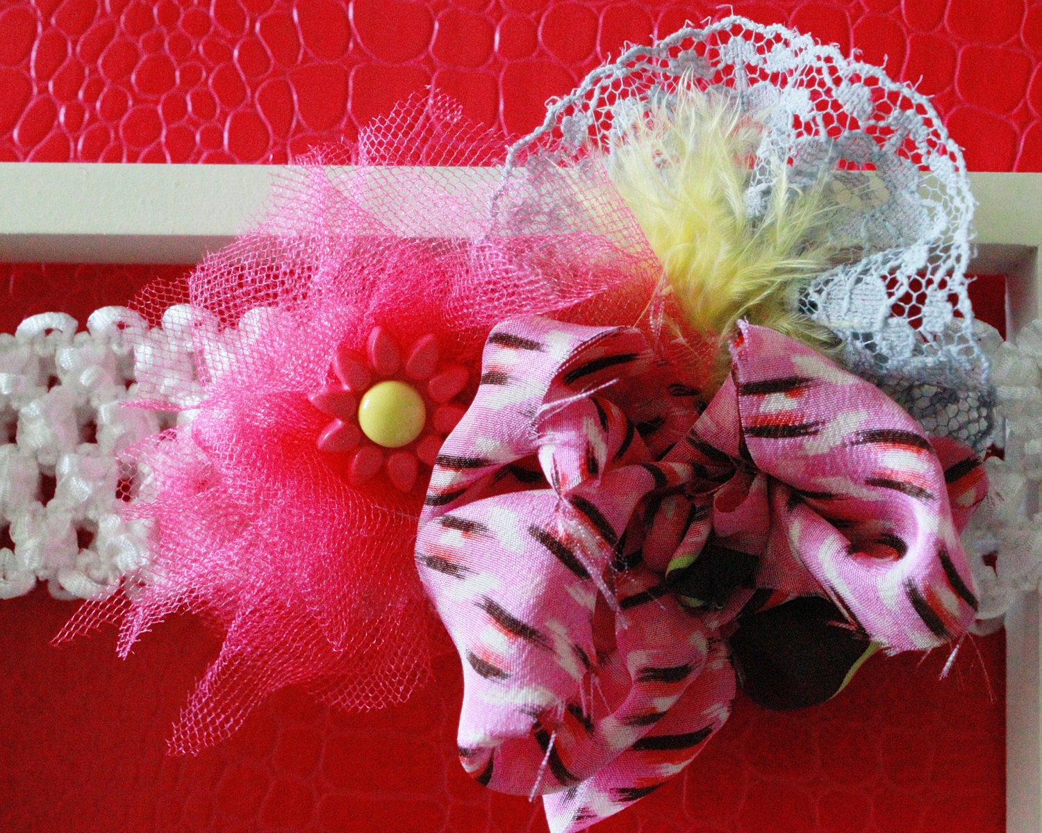 ONE OF A KIND-White, Fuschia, grey and yellow-Baby girl headband-Newborn headband-Photo prop-Unique-Baby headband-Hair Accessory