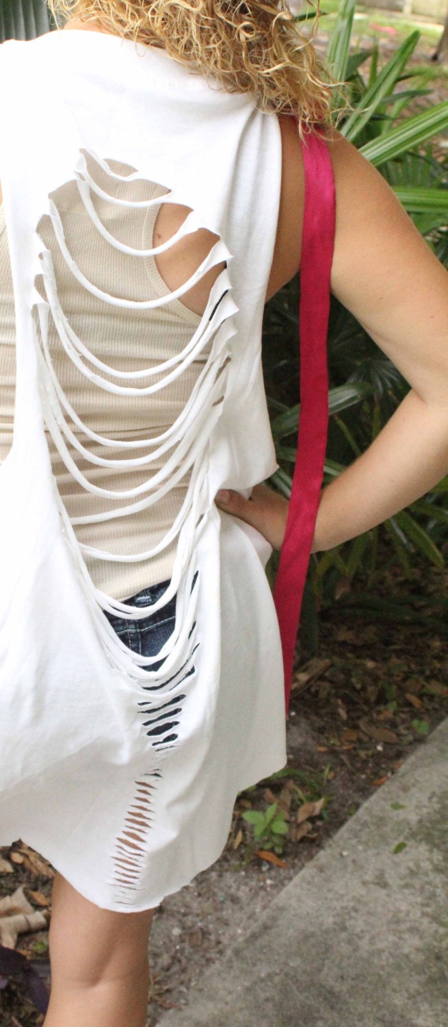 Freshly Squeezed Reconstructed Hot Pink & White Ribbon Long A Symetical Tunic Recycled Womens Tunic