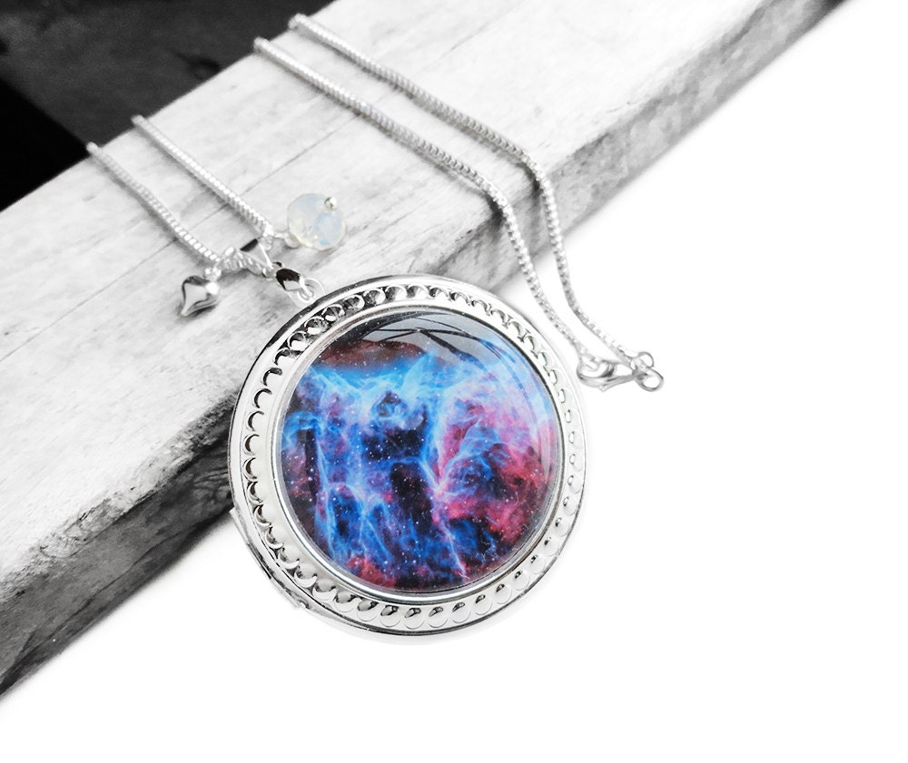 Happy Father's Day Sale - Handmade Resin Blue and Pink Nebula Big Round Silver Picture Locket 925 Sterling Silver Necklace (Get 12% OFF)