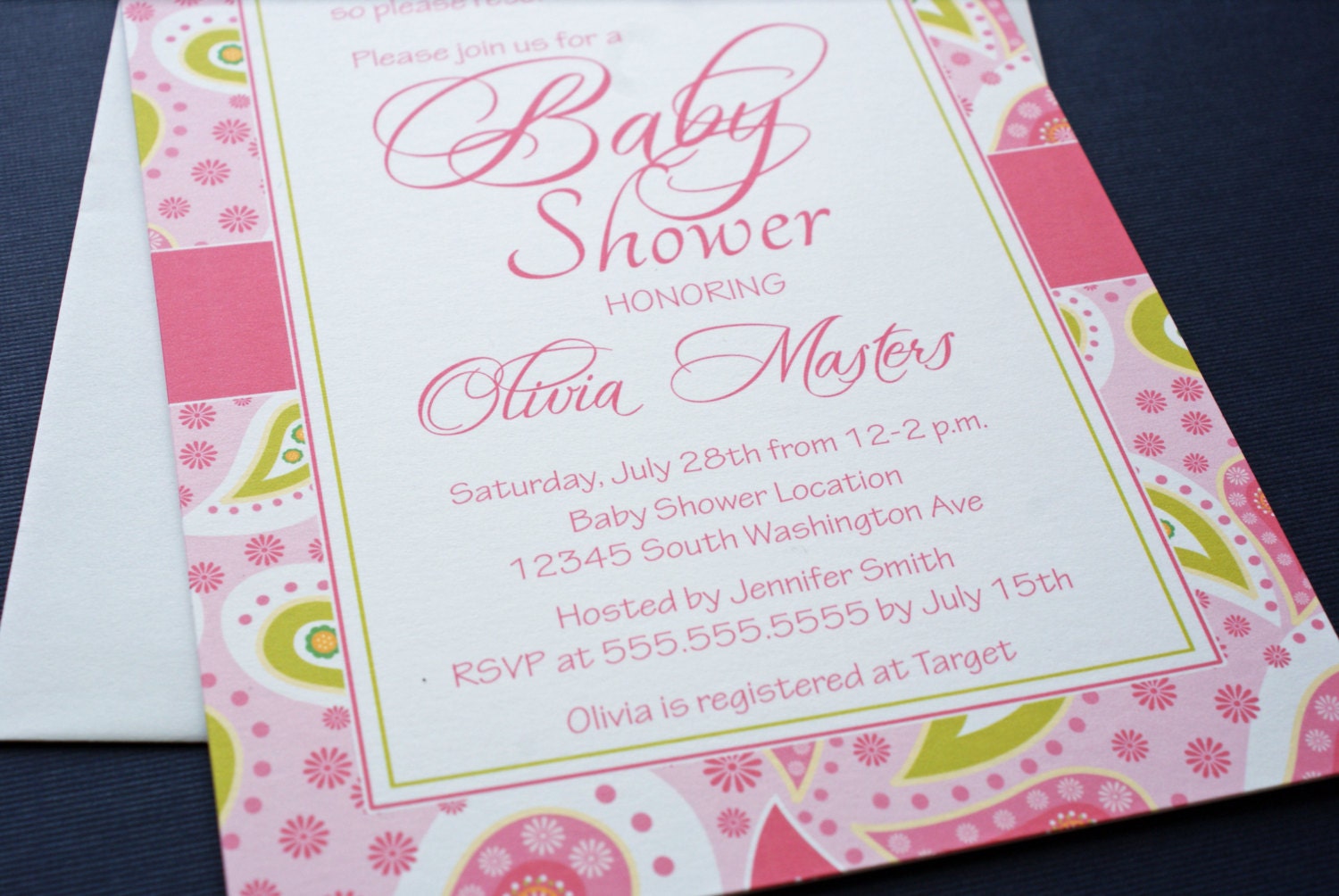 PRINTED Pink and Green Paisley Baby Shower Invitations - Digital Version Available Il_570xn