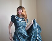 Small 70s Long Prairie Dress - Bohemian Long Floral Dancing Dress - Blue Maxi Prairie Dress