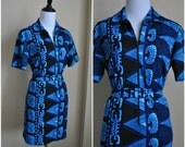 Summer Dress Large Abstract 60s 70s Mod Dress - Vintage Blue Funky Dress Checkaberry