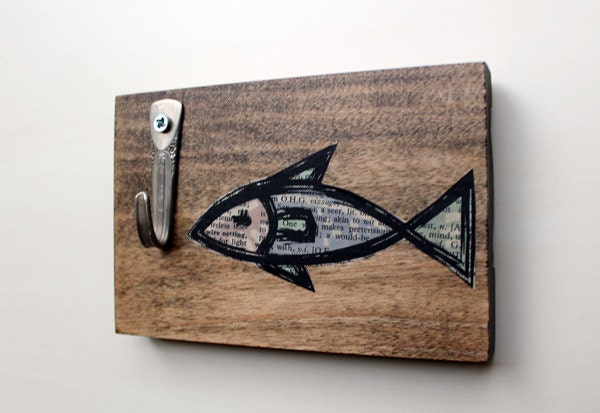 Fish Wall Hook, Reclaimed Wood with Fish Art and Spoon Hook - upcycled wall decor - fishing decor