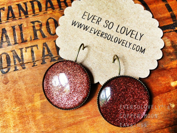 copper moon - dark brown starry night earrings - sparkly iridescent handmade nickel free round brass earrings