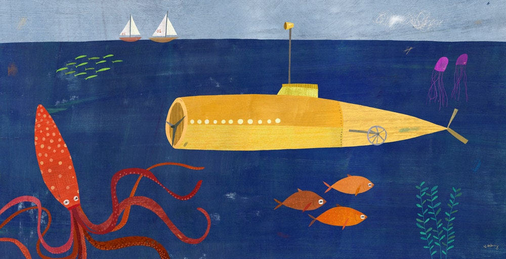Submarine and Octopus Print 16"x8"