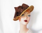 1930s straw tilt hat, brown satin ribbon