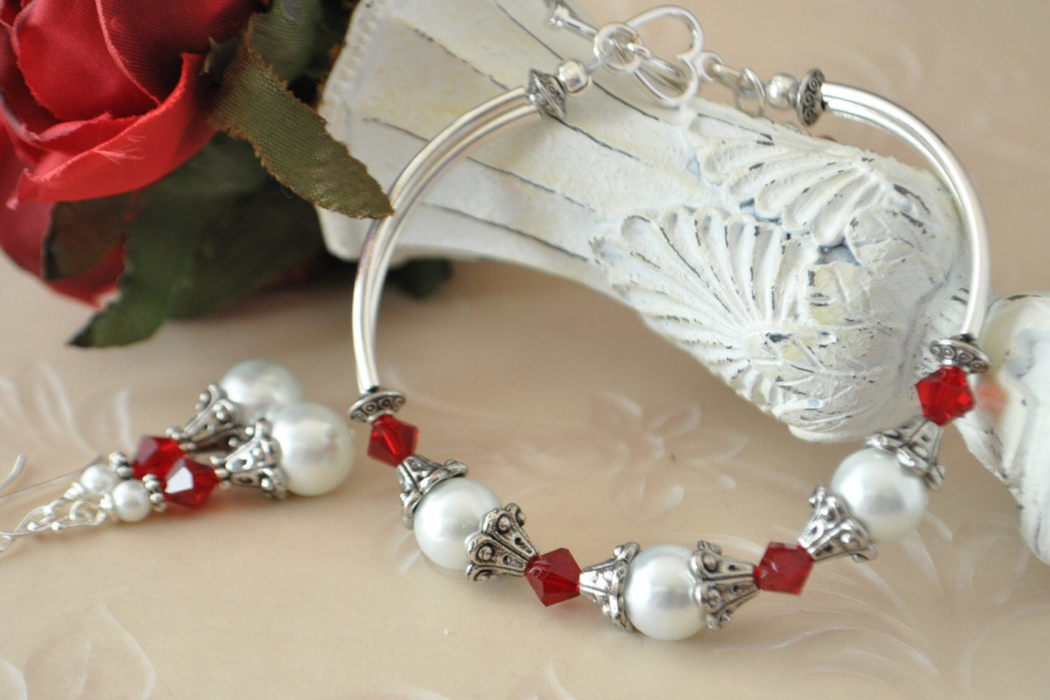 Elegant Pearl and Ruby Red Swarovksi Crystal Bracelet with Silver Curved Bars